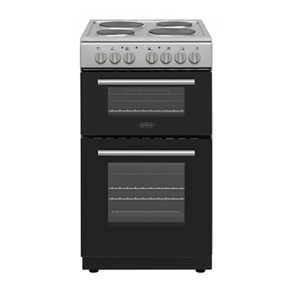 Belling BFSE51DO SIL 50cm Double Oven Freestanding Cooker - 4 Zone Solid Plate Hob - Silver 