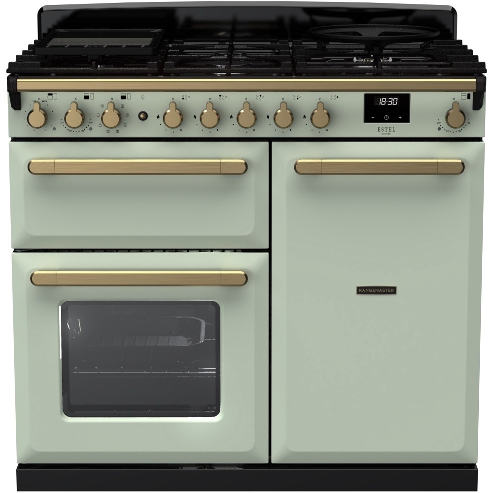 Rangemaster Estel Deluxe ESDL100DFPMNT/AB1 100cm Dual Fuel Range Cooker Mint / Antique Brass