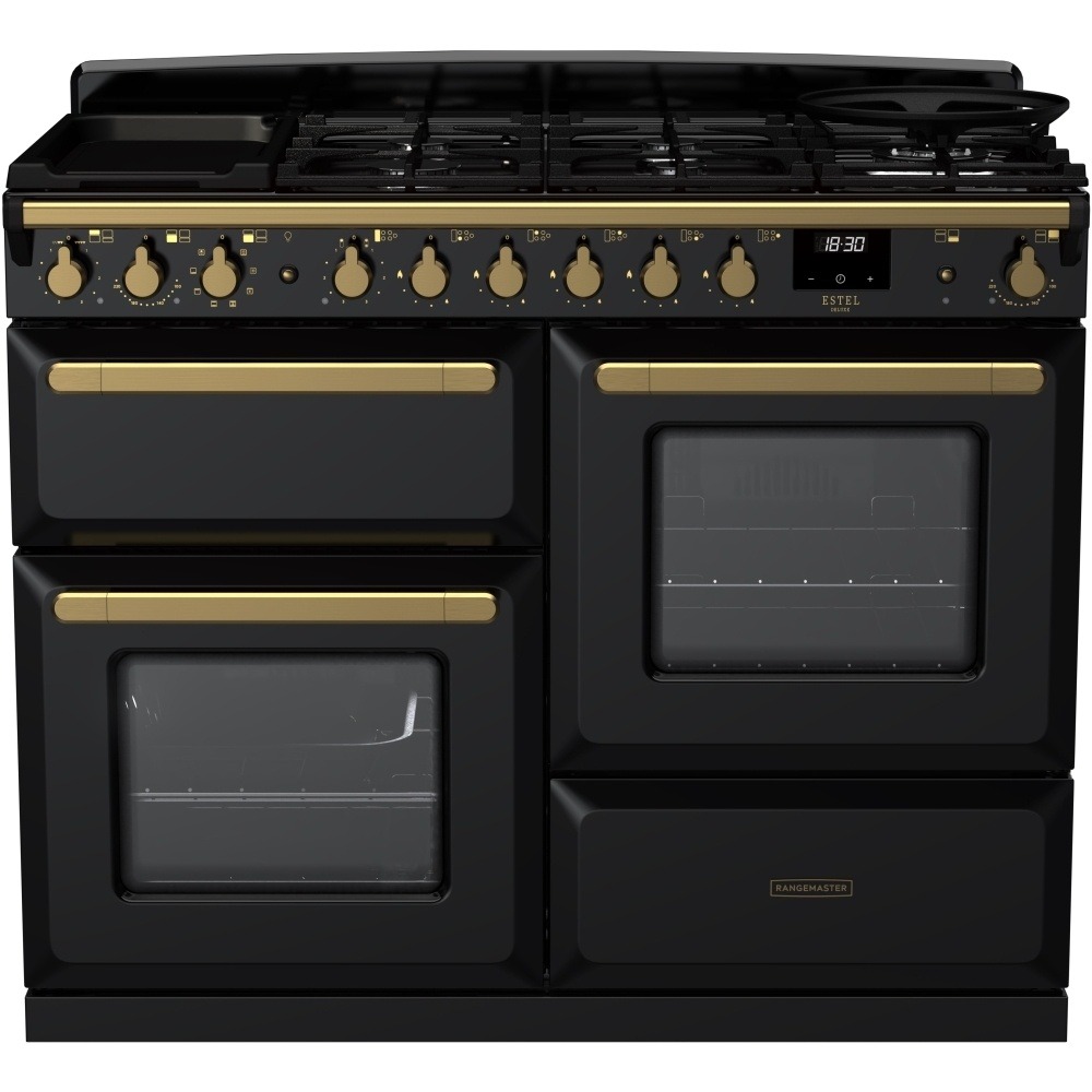 Rangemaster Estel Deluxe ESDLO110DFPGBL/AB1 110cm Dual Fuel Range Cooker Black / Antique Brass