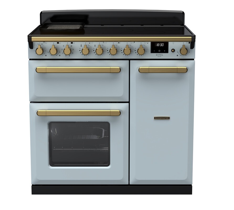 Rangemaster Estel Deluxe ESDL90EIPMSB/AB1 90cm Induction Range Cooker Misty Blue / Antique Brass