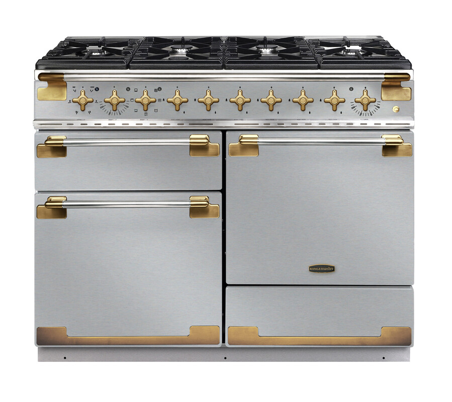 Rangemaster ELS110DFFSS/AB Elise 110 Dual Fuel Range Cooker Stainless Steel With Antique Brass Trim 