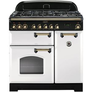 Rangemaster CDL90DFFWH/B 90cm Classic Deluxe Dual Fuel Range Cooker White/Brass