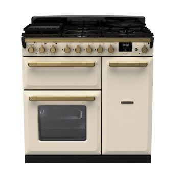 Rangemaster Estel Deluxe ESDL90DFPPCR/AB1 90cm Dual Fuel Range Cooker Pale Cream / Antique Brass