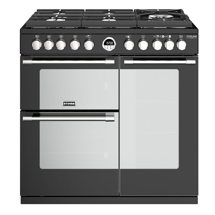 Stoves Sterling Deluxe STRDXS900DFGBK 90cm Dual Fuel Range Cooker With A Gas-Through-Glass Hob - Black