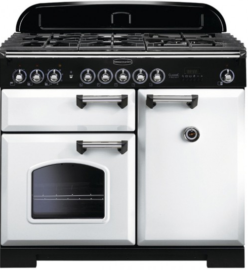 Rangemaster CDL100DFFWH/C Classic Deluxe 100 Dual Fuel Range Cooker, White Chrome