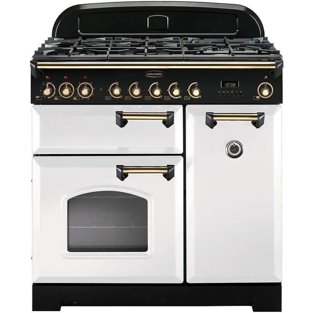 Rangemaster CDL90DFFWH/B 90cm Classic Deluxe Dual Fuel Range Cooker White/Brass