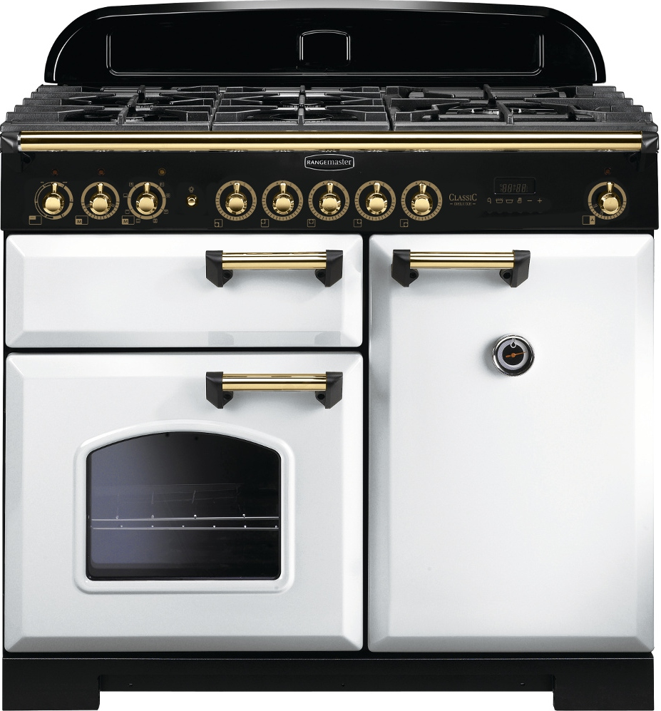 Rangemaster CDL100DFFWH/B Classic Deluxe 100 Dual Fuel Range Cooker, White Brass